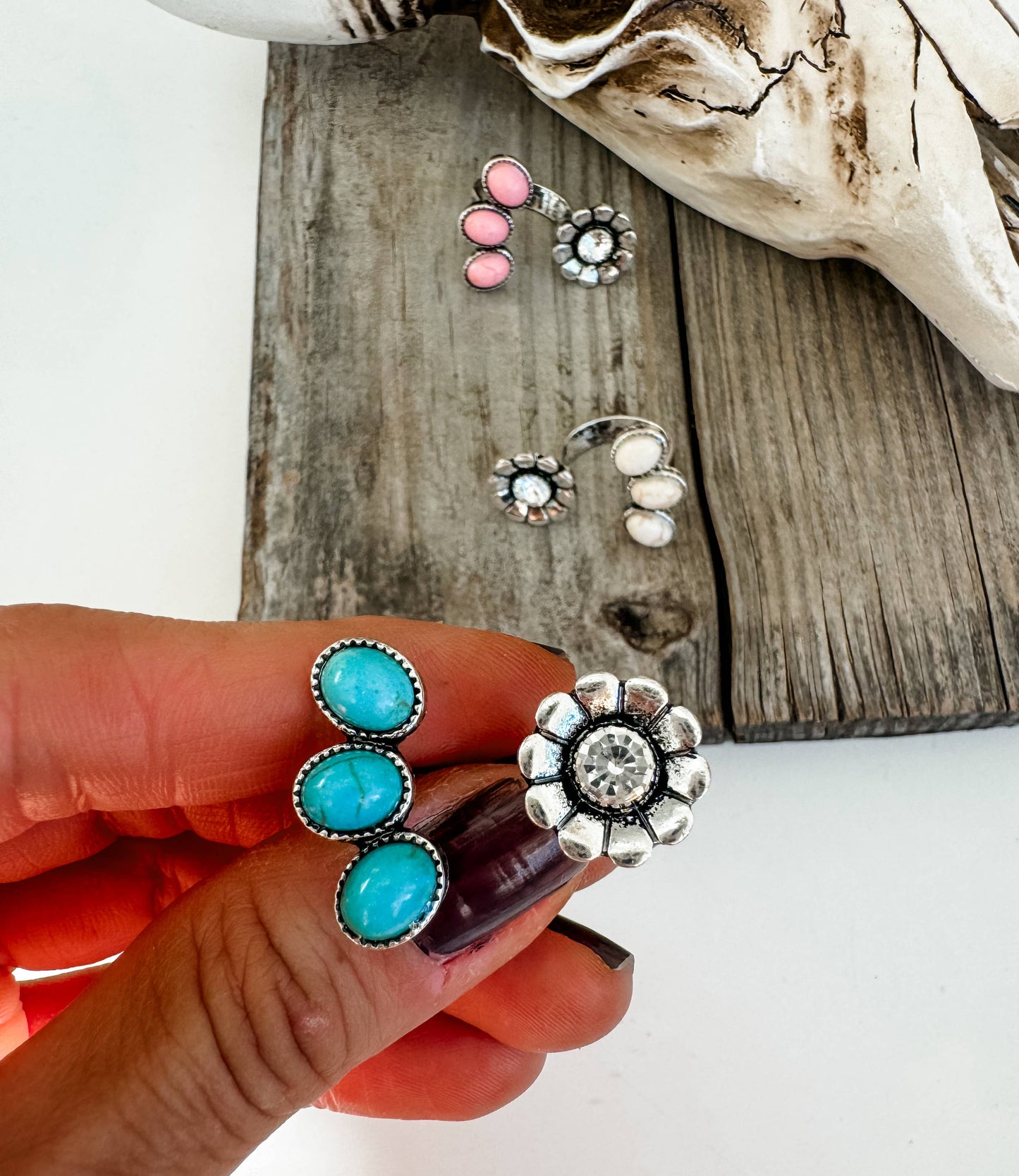 Western Natural Stone Flower Open Cuff Ring