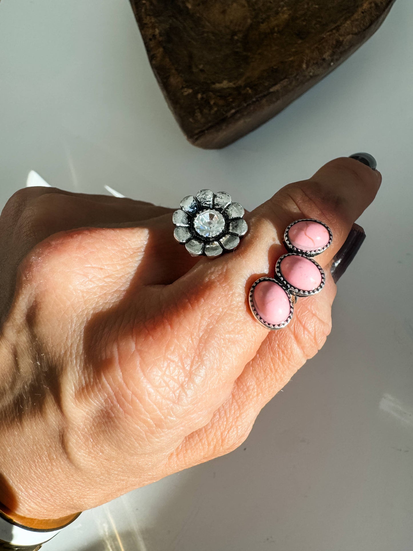 Western Natural Stone Flower Open Cuff Ring