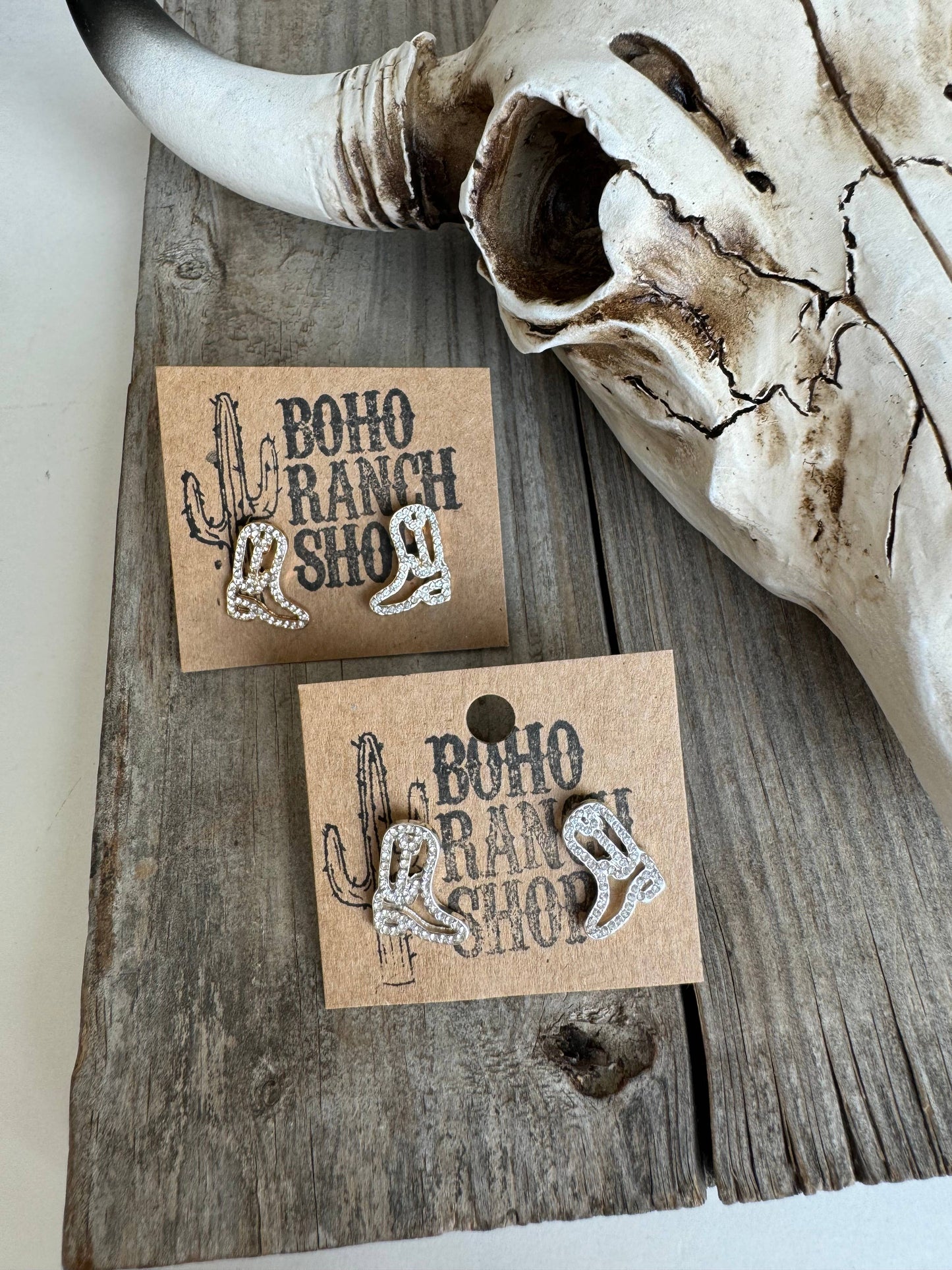 Western cut out paved Stud earrings - cowboy boots hat bow