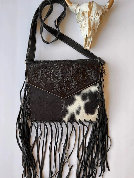 Western Leather Cowhide Fringe Tassel Clutch Crossbody