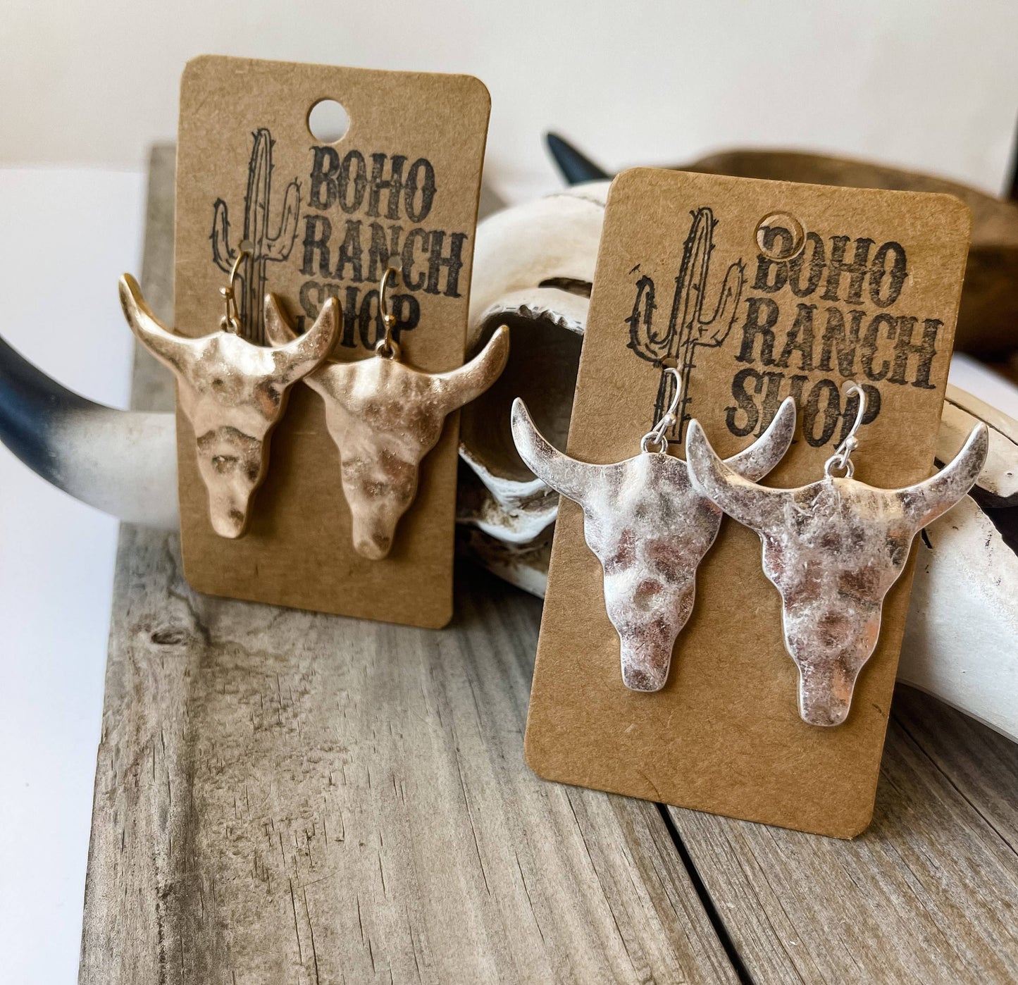 Hammered Steer Bull Head Earrings