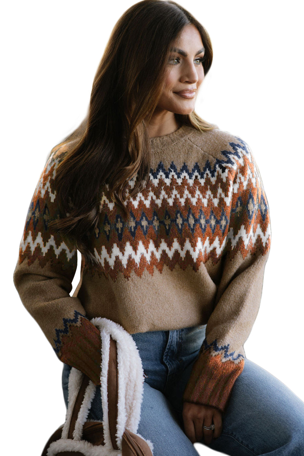 Khaki Geometric Print Colorblock Crew Neck Sweater