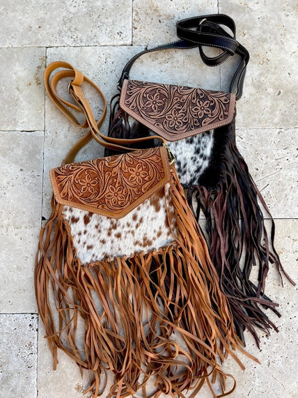 Western Leather Cowhide Fringe Tassel Clutch Crossbody