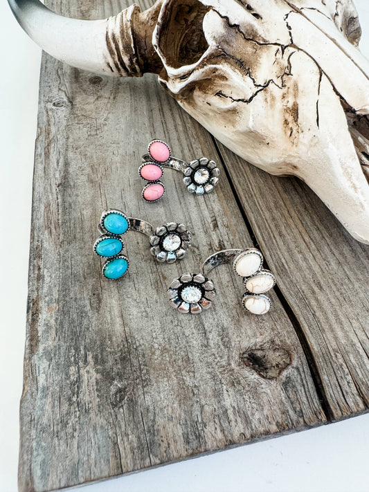 Western Natural Stone Flower Open Cuff Ring