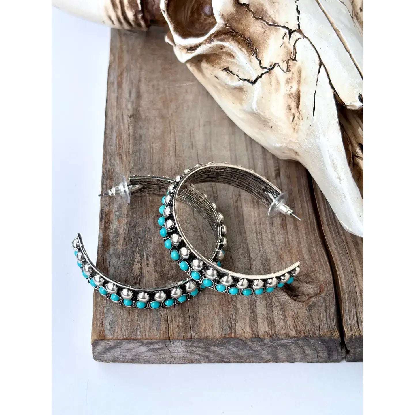 2" Western Style Stone Stud Open Hoop Earrings