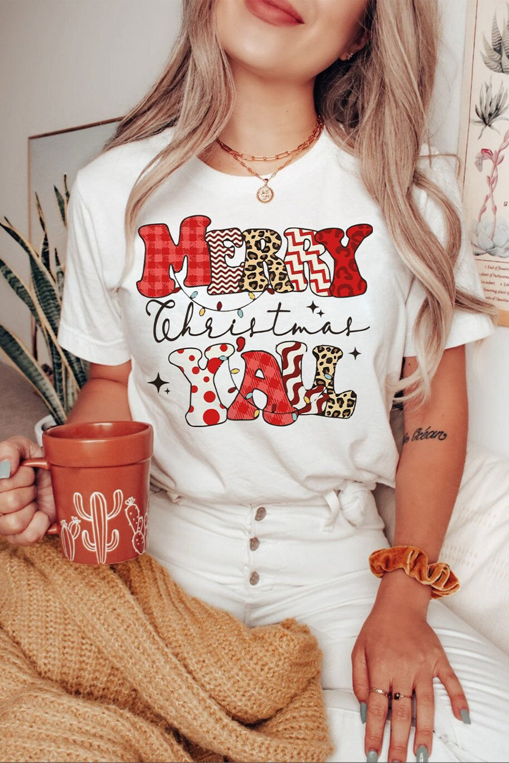 White MERRY Christmas Y'All Graphic Heat Transfer Printing Crewneck T Shirt