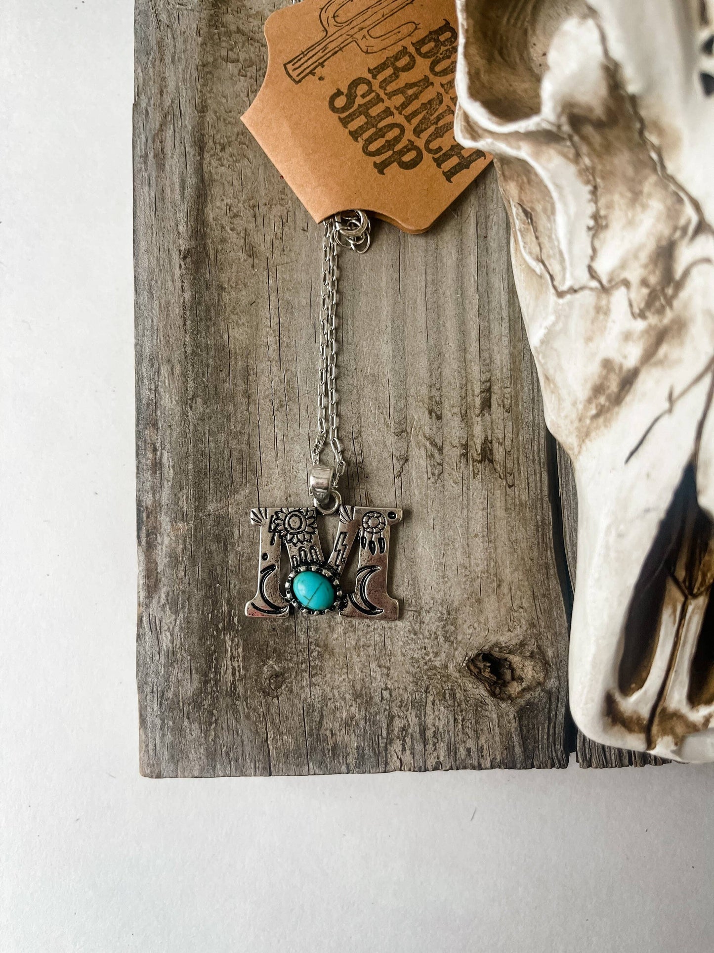 Initial Stamped Turquoise Teardrop Stone Pendant Necklace
