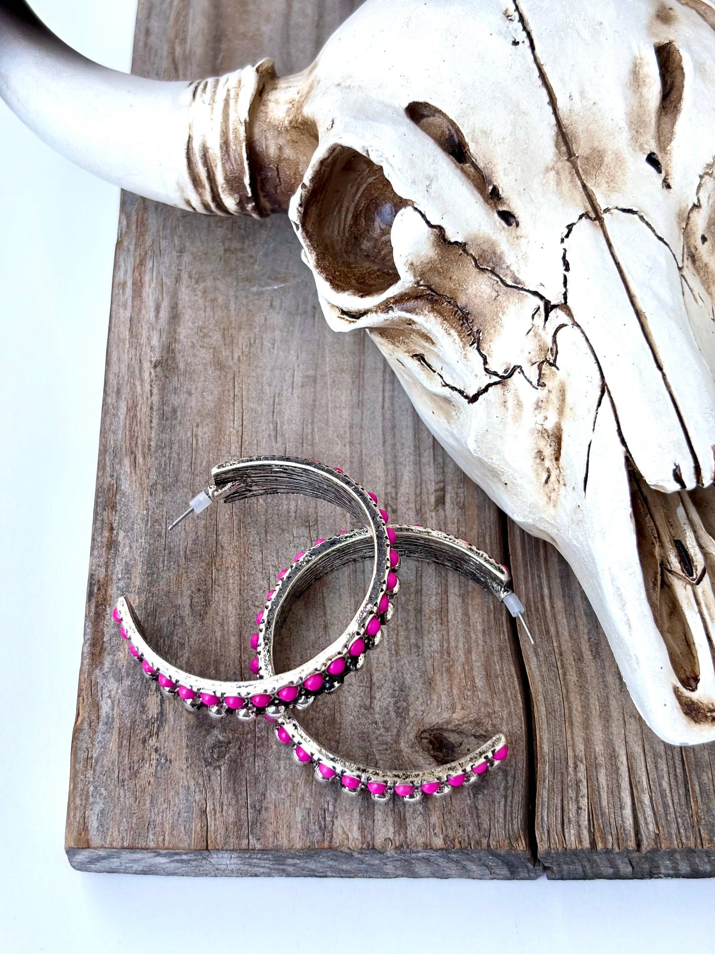 2" Western Style Stone Stud Open Hoop Earrings