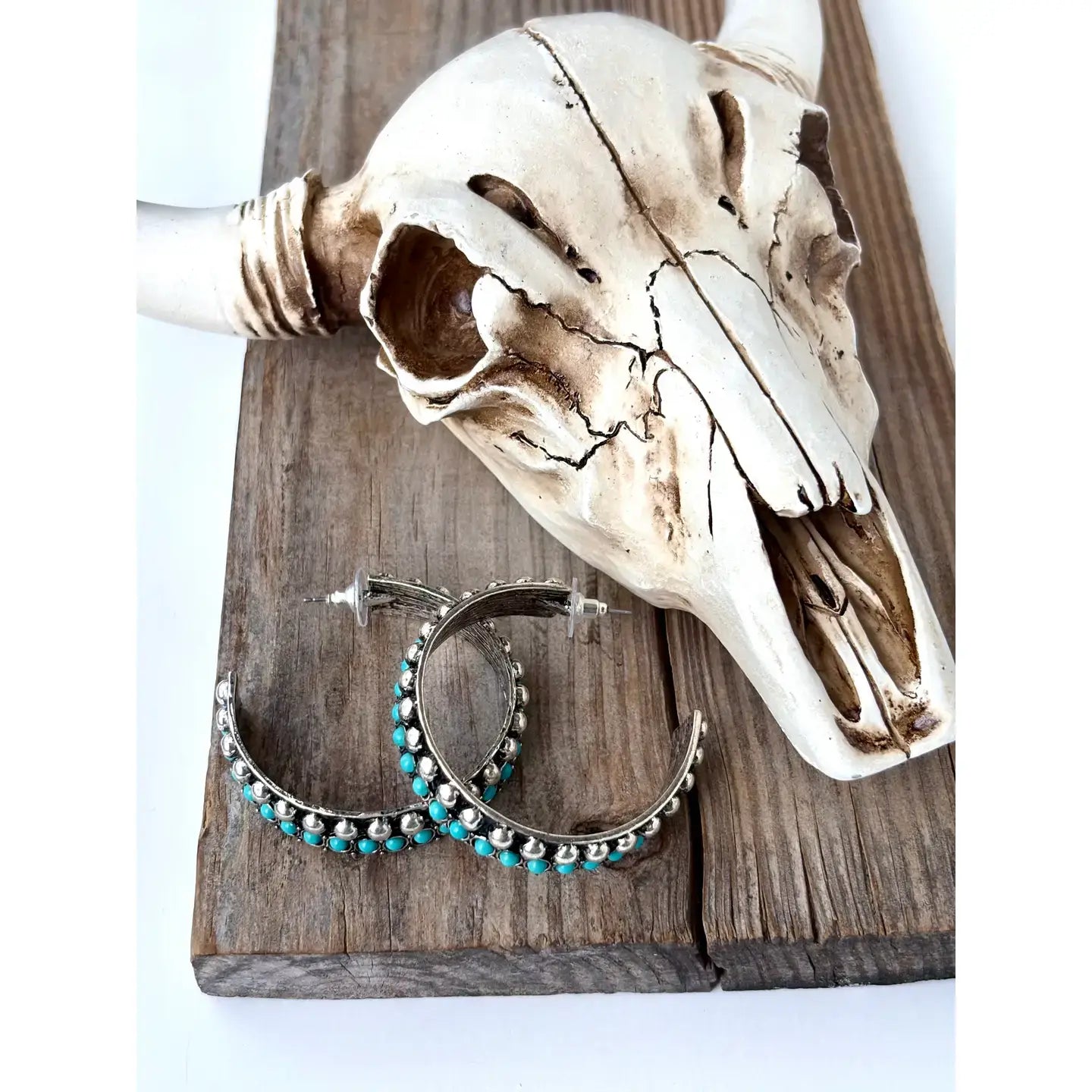 2" Western Style Stone Stud Open Hoop Earrings