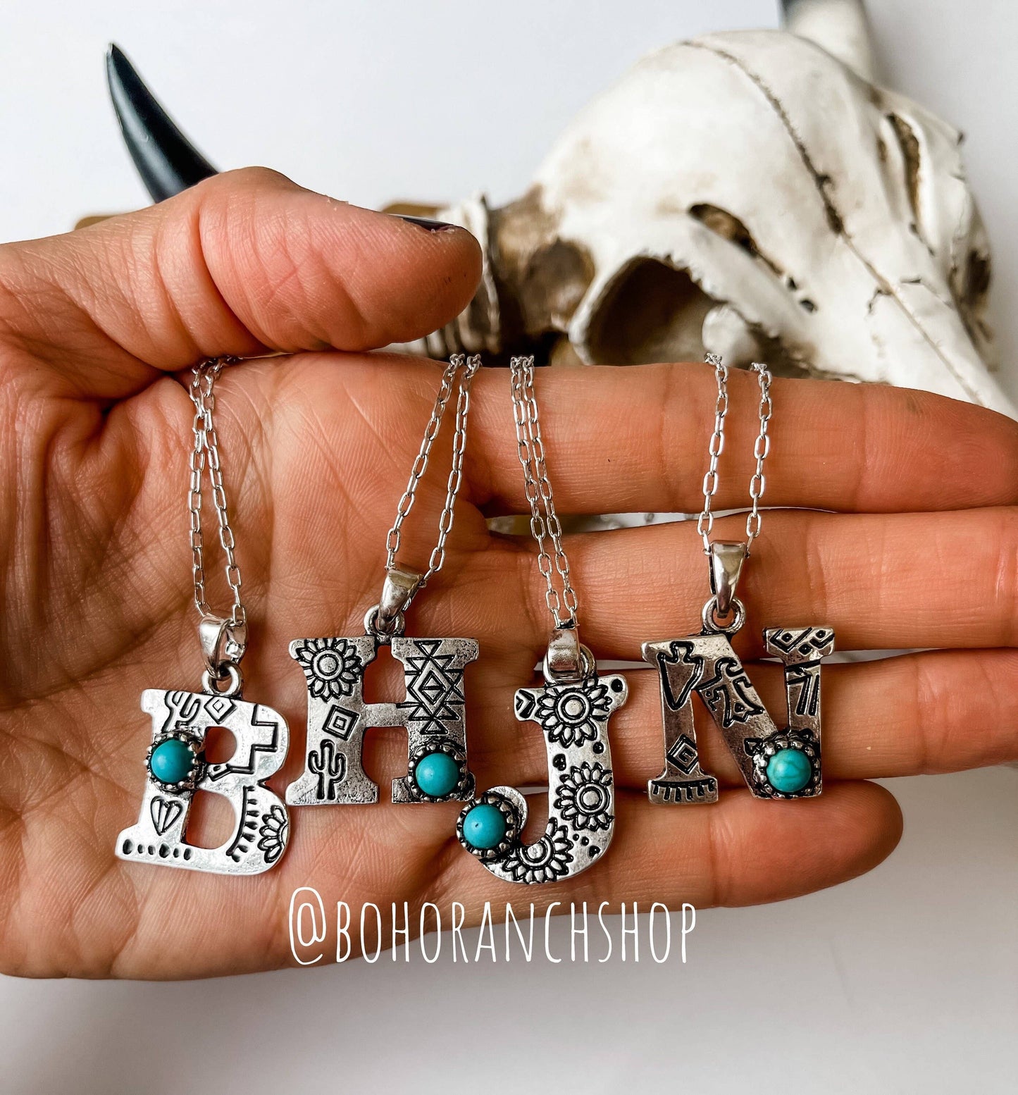 Initial Stamped Turquoise Teardrop Stone Pendant Necklace