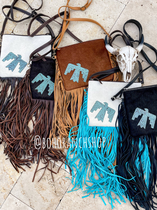 THUNDERBIRD COWHIDE CROSSBODY tooled Leather Cowhide Clutch