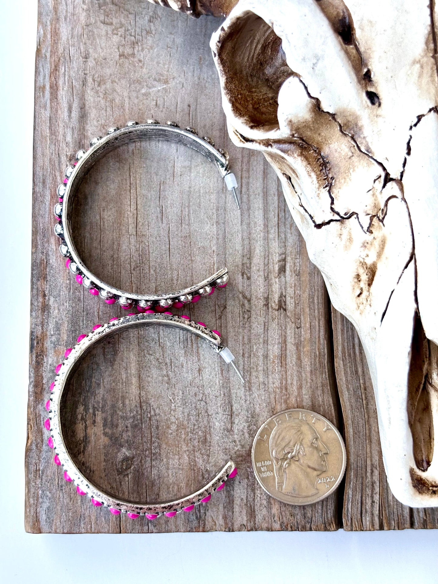 2" Western Style Stone Stud Open Hoop Earrings