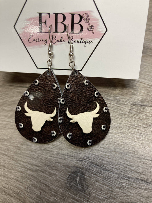 Studded Cattle Skull Wood Earrings