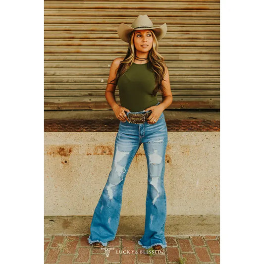 Mid Wash High Rise Distressed Frayed Flare Jeans