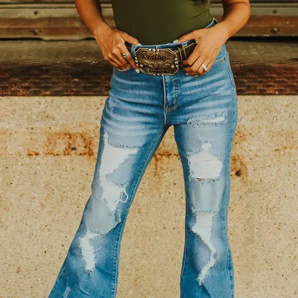Mid Wash High Rise Distressed Frayed Flare Jeans