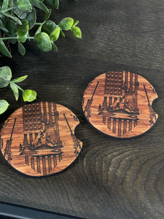 Wood Grain Deer Hunter Car Coaster Set